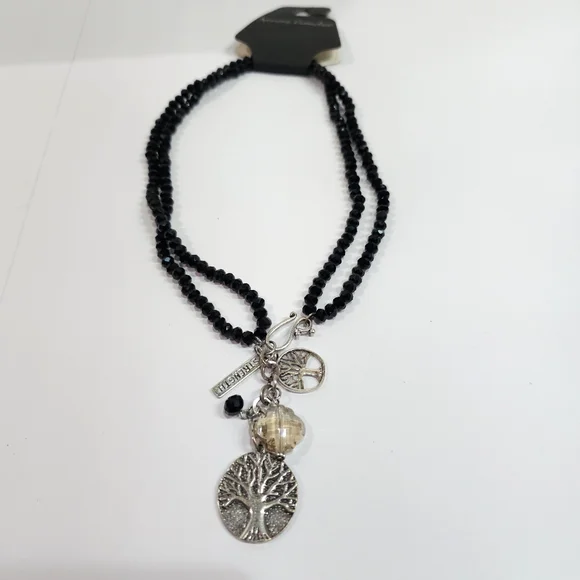 New Tree Of Life Strength Charms Black Beaded Necklace Front Hook Clasp - Picture 2 of 4